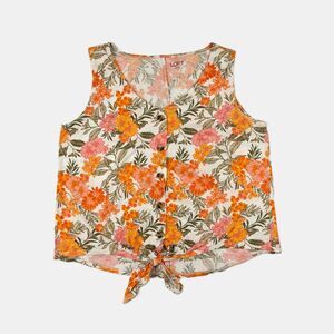 LOFT Floral Print Button Front Tie Cotton Top Size M Pink Orange Lightweight